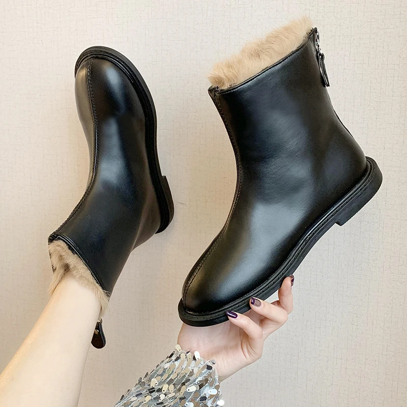 

New Women Round Toe Winter Fashion Ankle Boots Back Zipper Keep Warm Snow Boots PU Leather Women Shoes Black Wine Red Eu 35-39