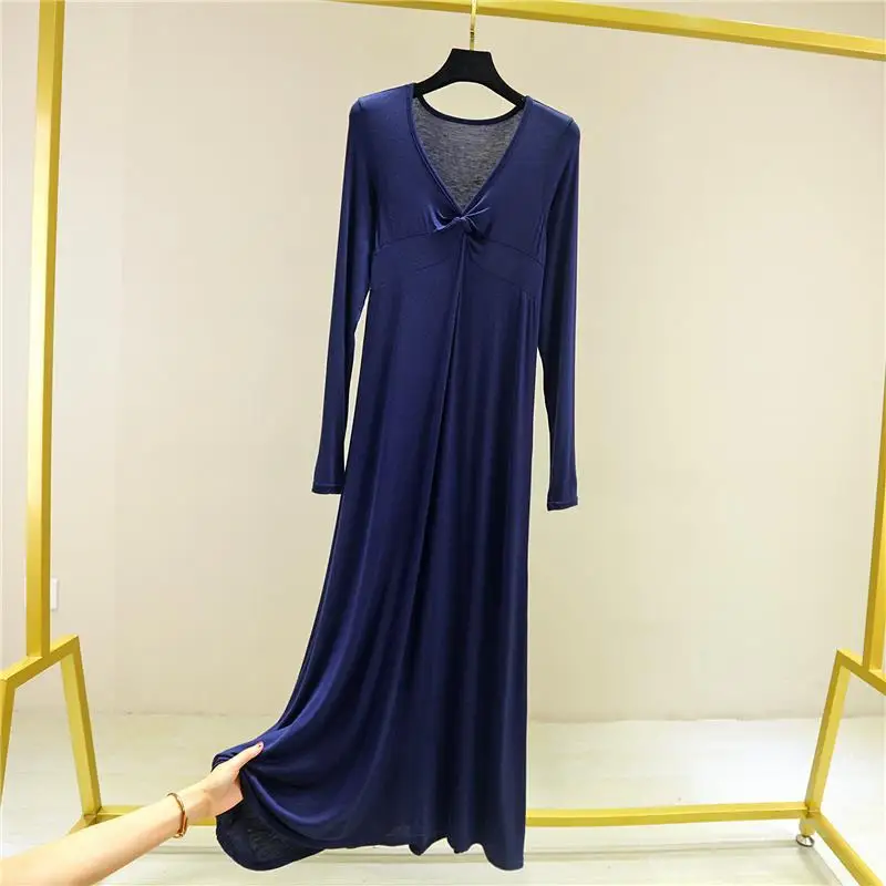 

Long sleeve dress female spring and autumn modal long base skirt v-neck slim slimming thin long skirt large swing skirt