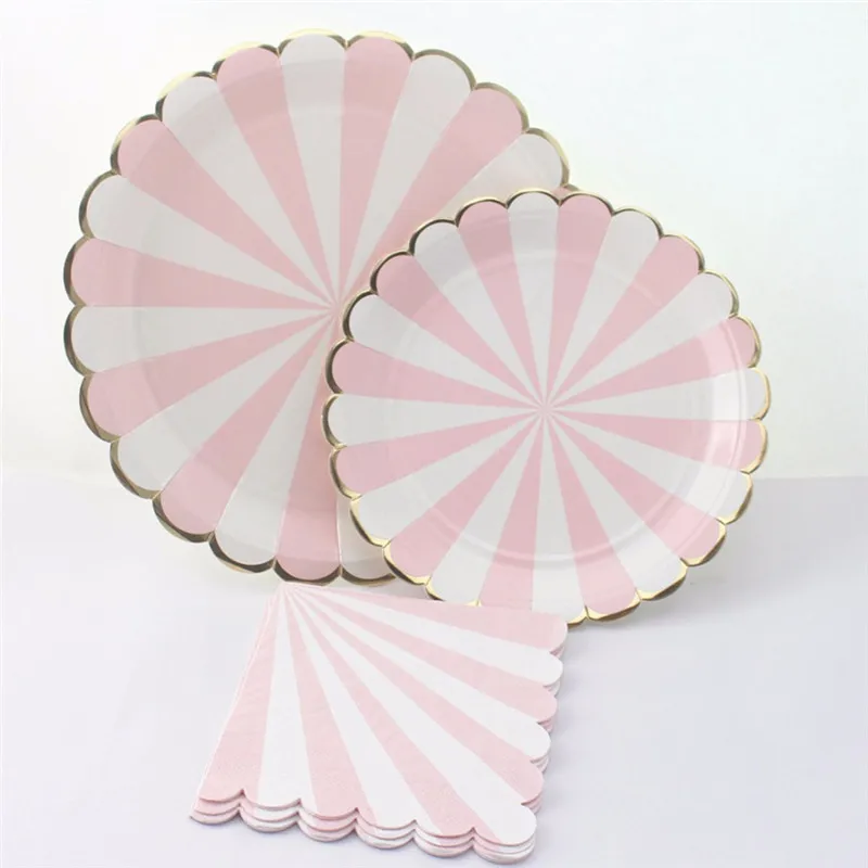 

New Gold Stripe Pink Paper Plate Set Top Grade Disposable Tableware, Paper Cup, Afternoon Tea Cake Saucer Party Supplies