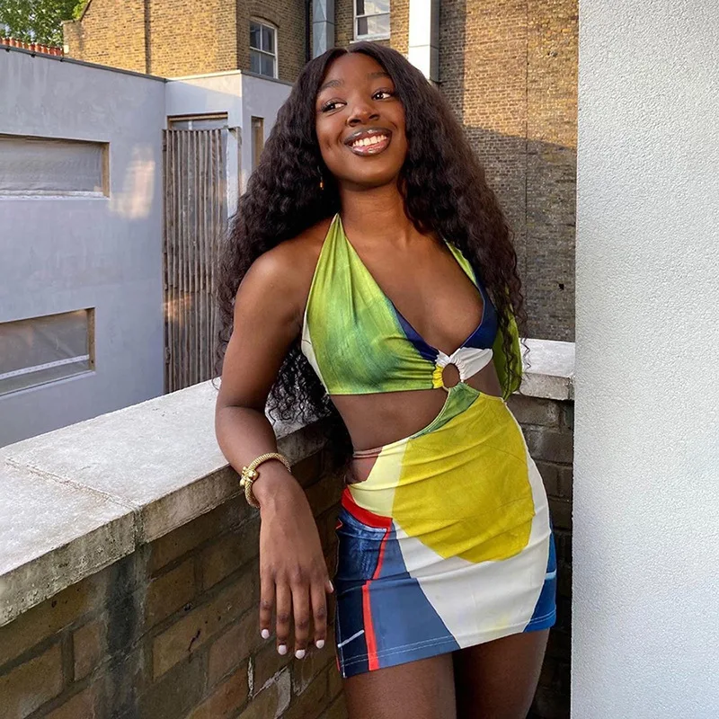 

Мини-платье с цифровым принтом, с лямкой через шею, для клуба, вечеринки, элегантное сексуальное платье с открытой спиной, без рукавов, корот...