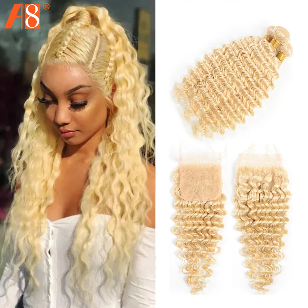 

Honey 613 Blonde Brazilian Deep Wave Hair Bundles With 4x4 Transparent Lace Closure Remy Human Hair Bundles With Closure
