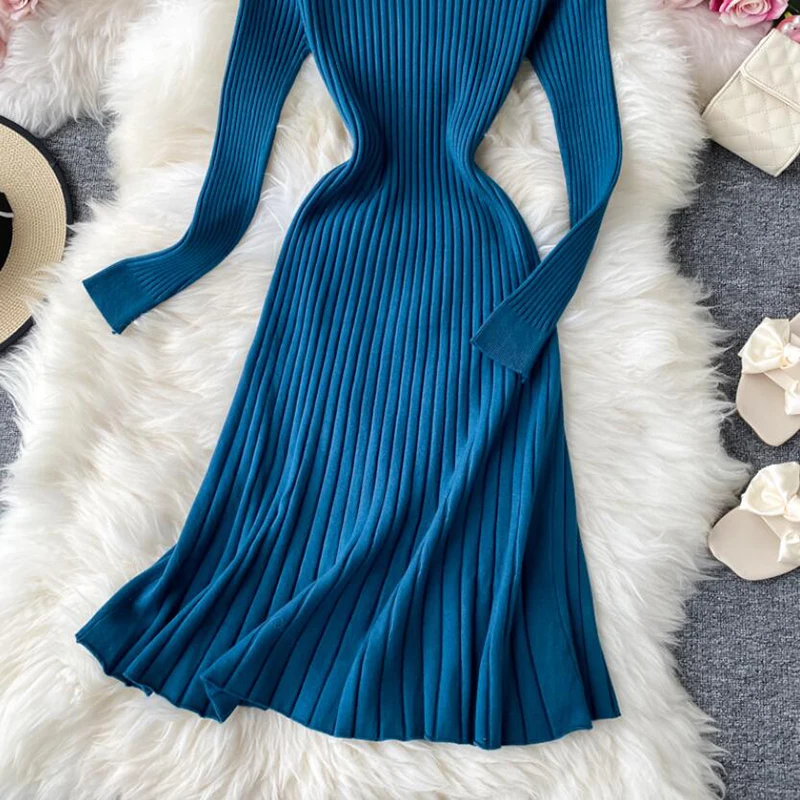 

2020 New Autumn Winter Long sleeve Knitted Dress Women Solid Slim bottoming Sweater Party Midi Dress Elegant A-line Vestidos
