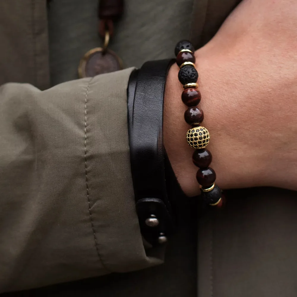 Мужской браслет 2020 новые модные браслеты ручной работы с золотым шариком из лавы