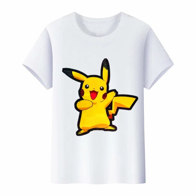 Детская футболка из чистого хлопка с круглым вырезом и яркими огнями Пикачу для