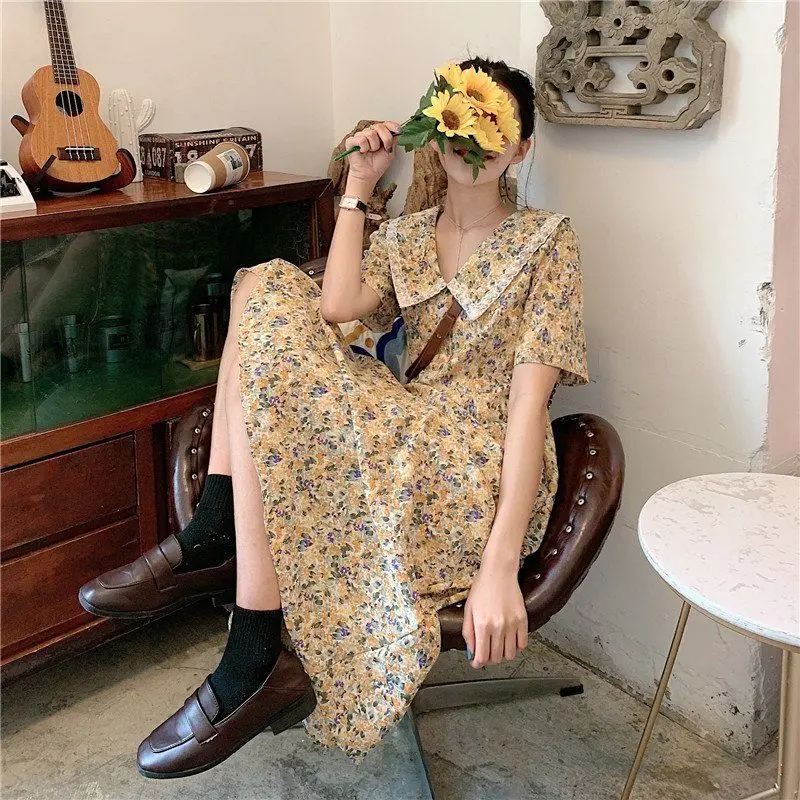 

Dresses Women Summer 2020 Vintage Floral Printed Maxi French Retro Lace Peter Pan Collar Sweet Sexy Womens A-Line Dress Vestidos