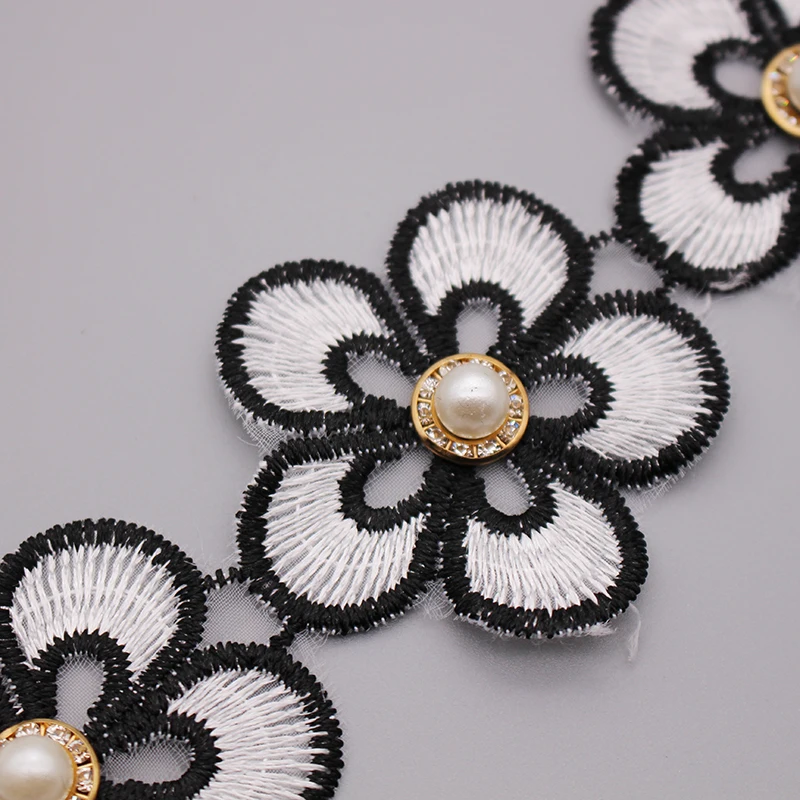 1Y белый черный жемчуг алмаз цветок ручной работы вышитый бисером кружевной