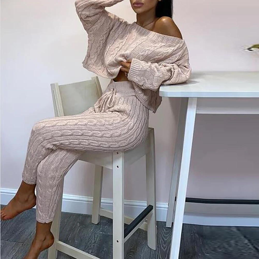 Women Autumn Winter Knitted O Neck Leisure Two Pieces Outfit Long Sleeve Sweater Jumpers Pants Set | Женская одежда