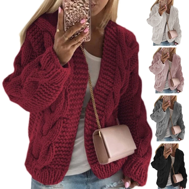 

2021 New Women Chunky Cable Twist Knit Cardigan Solid Color Open Front Loose Sweater Coat