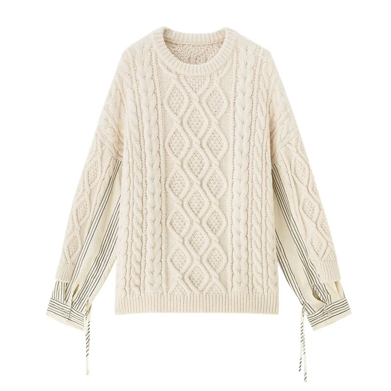 

Women Autumn Winter New Fashion Hit Color Spliced Knitted Sweater Female Loose Casual Warm Pullovers Ladies Designed Tops ML675