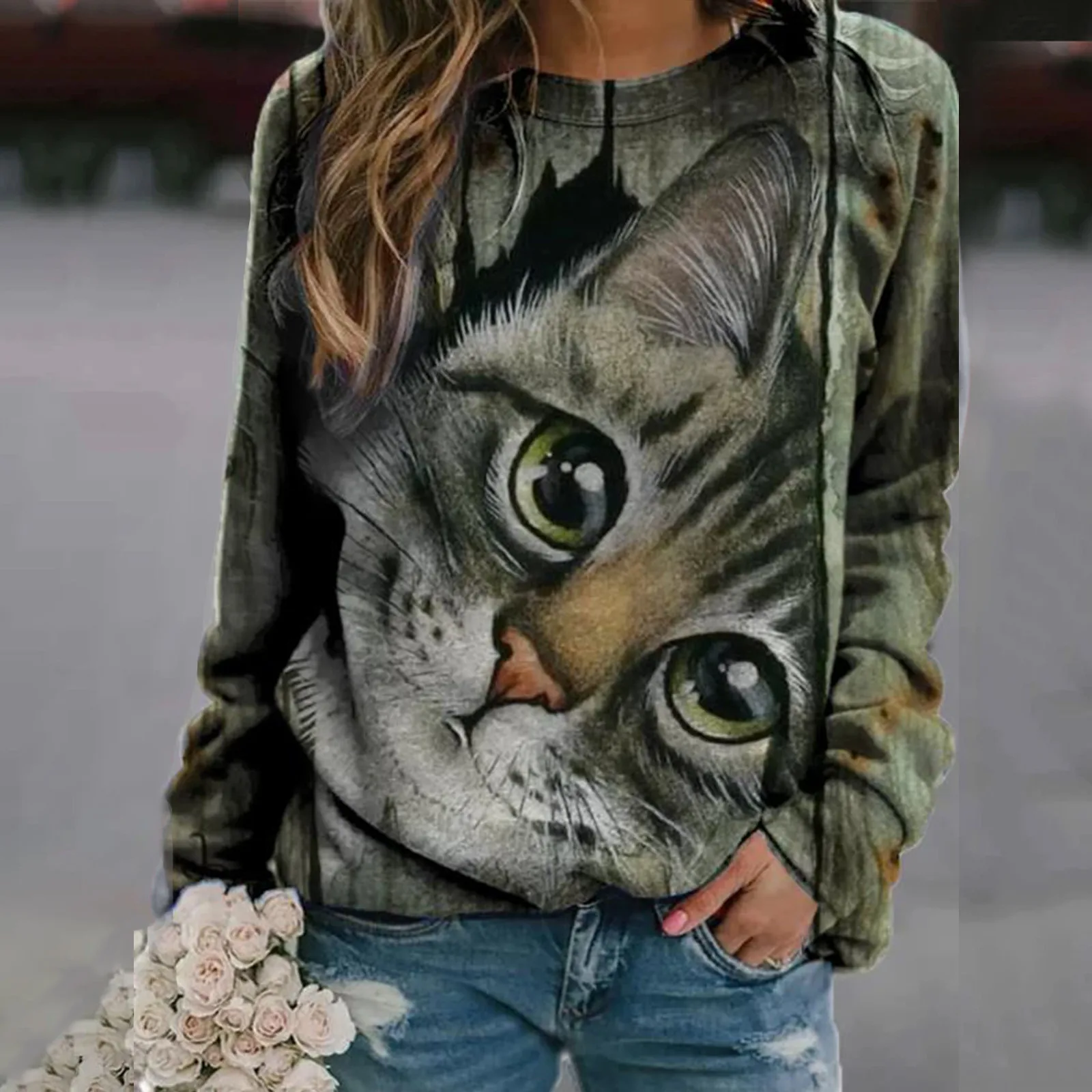 Women Blouses Tops Fashion O-neck Long Sleeve Funny Cute Cat 3d Print Casual Pullovers Shirts Lady Clothing Spring Fashion Tops