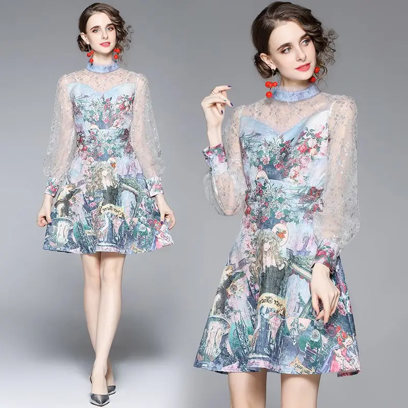

Spring Vintage Flower Dress Women's Sequined Mesh Patchwork Lantern Sleeve Cartoon Jacquard Party Elegant Short Vestidos 8343
