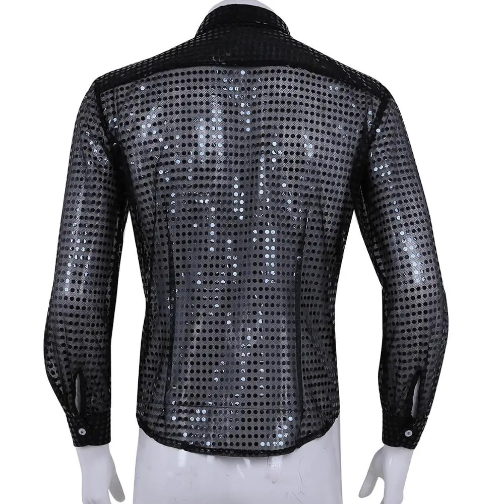 Hommes Мужская прозрачная латинская рубашка с блестками и длинным рукавом бальный