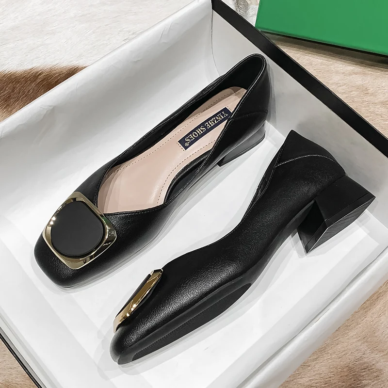 

SLHJC Women Fashion Leather Office Shoes Square Toe Slip On Pumps Spring Autumn Chunky Shoes