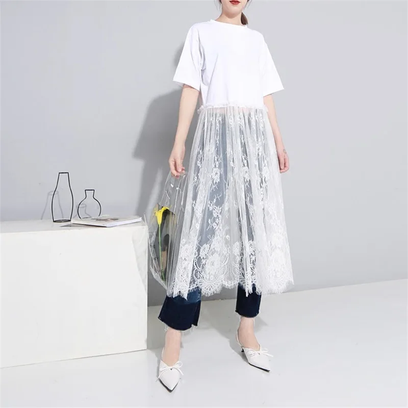 

2021 Spring Summer Patchwork Lace Women Dress O Neck Short Sleeve Hollow Out Irregular Hem Perspective Dresses Fashion Clothing