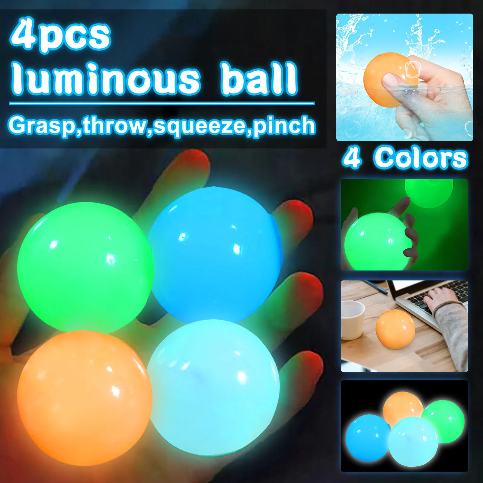 

4PCS Squeeze Toys Luminous Sticky Wall Balls Stress Reliever Toy Decompression Squishy 4 Color Fidget Adult Kids Gift антистресс