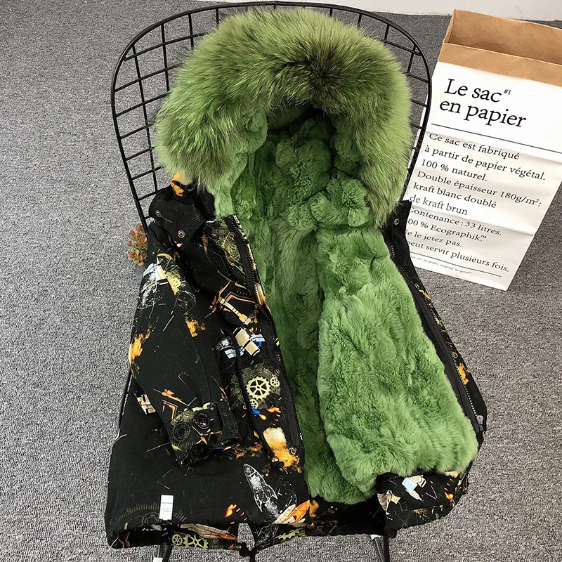 Avocado Green liner 1909 Новая модная зимняя одежда для мальчиков и девочек ростом 110-180 см, пальто с капюшоном, настоящий мех кролика, пальто - Цвет: Avocado Green liner