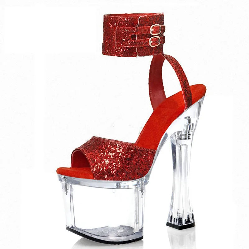 Sexy 18cm Super High heeled shoes Spool heels Clear Crystal Women's Sandals Flower Bride shoes Nightclub Pole dancing Shoes