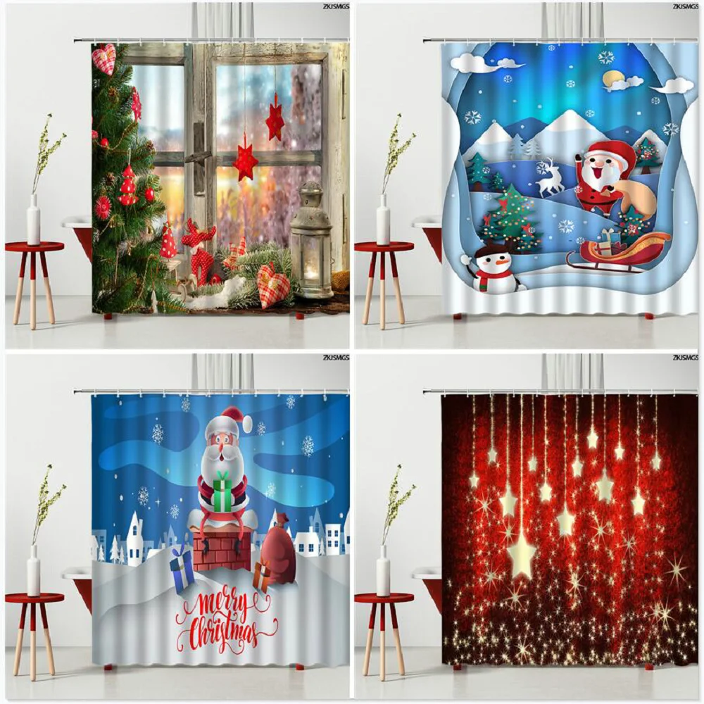 

New Year Christmas Santa Claus gifts Shower Curtains Set Golden Stars Xmas Tree Snowflakes Snowman Printed Hooked Bath Decor