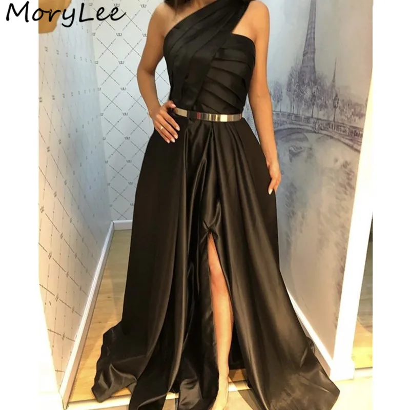 

Black Evening Dresses One Shoulder Side Slit Floor Length Sweep Train Satin Evening Gowns With Sash vestidos de fiesta de noche