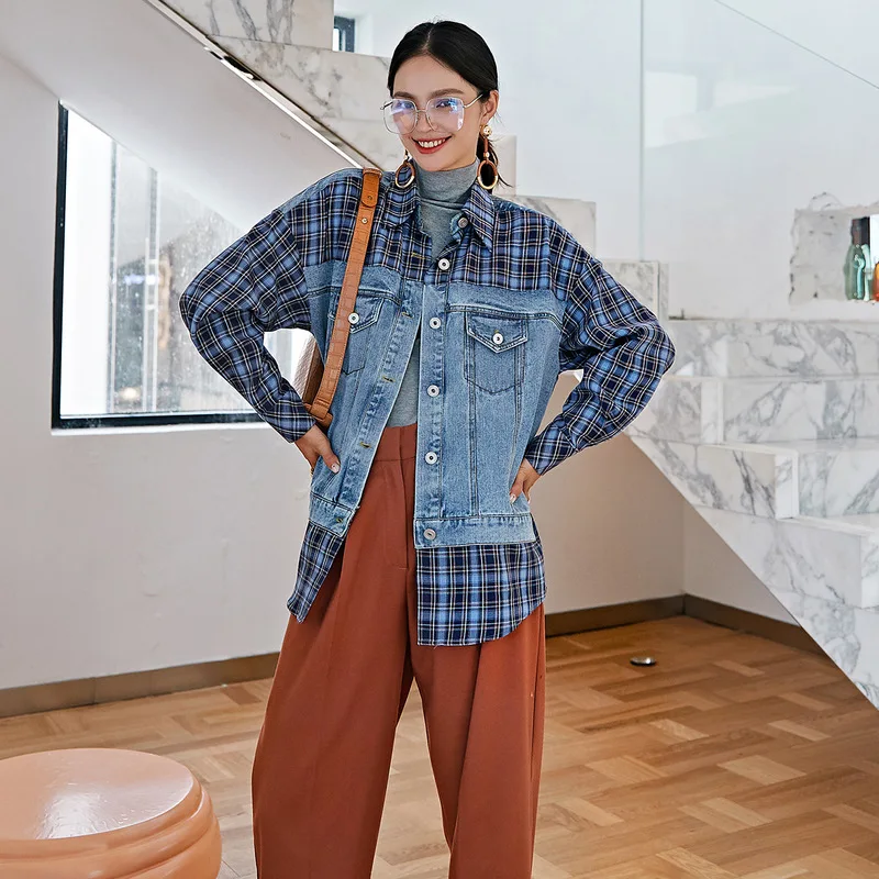 2019 shallgar autumn new dress one undertakes to preach tao lattice spelling a denim jacket | Женская одежда