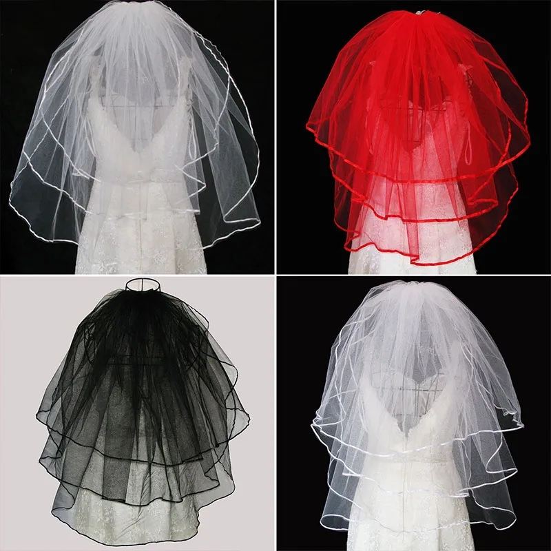 

Three-Layer Bridal Wedding Veils With Comb White Ivory Red Black Veil Ribbon Edge Wedding Veil For The Bride Acessorios Noiva