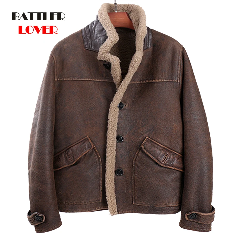 

New Genuine Leather Jackets For Men 2021 High Quality Shearling Lining Sheepskin Flight Coats Male Winter Leather Warm Overcoats