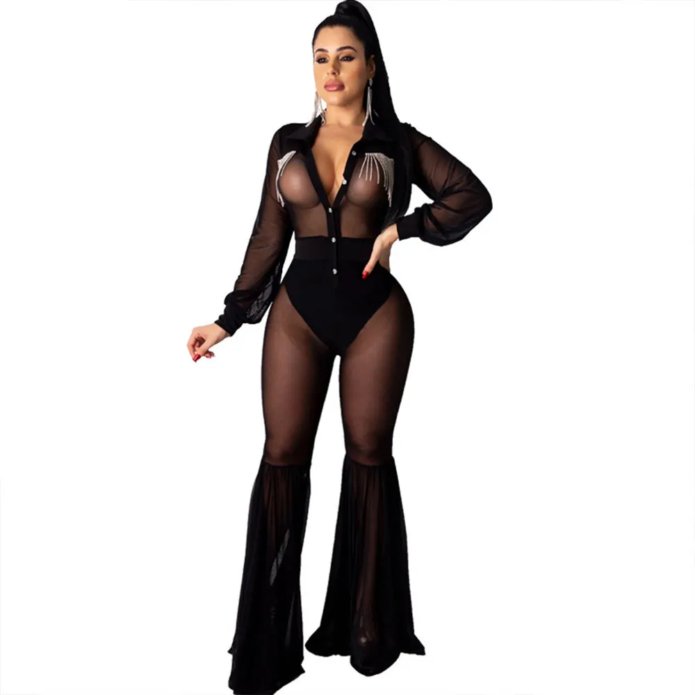 

Diamond Tassel Night Party Jumpsuit Women Flare Pants Mesh See-Through Sexy Rompers Womens Jumpsuit Birthday Outfits Overalls