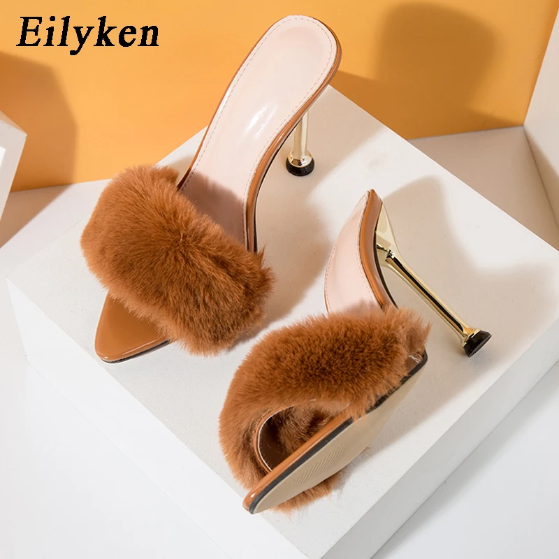 Eilyken New Summer Fluffy Fur Pointed Toe Women Slippers Fashion Design Stiletto High Heels Mules Shoes Slides Ladies Sandals