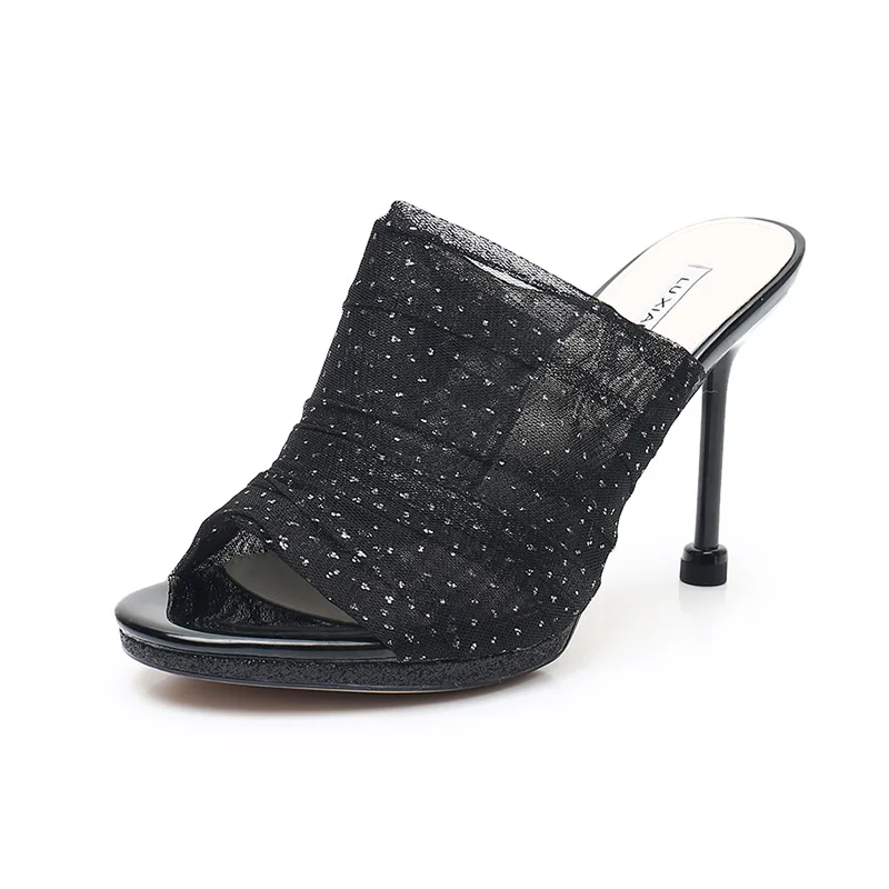 

Sexy gauze thin heel high heel slippers 20 summer new wear versatile fashion sandals gold and silver black girl shoes