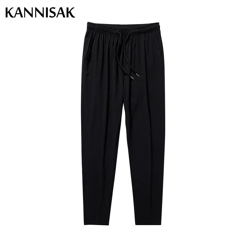 

Casual Men Pants Fashion Straight Trousers Ankle Length Light Weight Summer Male Pant Ice Silk Quick Dry Stretch Sweatpants 2021