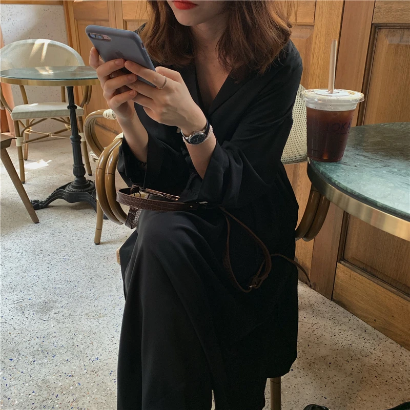 Осеннее платье 2019 женское однотонное шифоновое длинное повседневное с v-образным