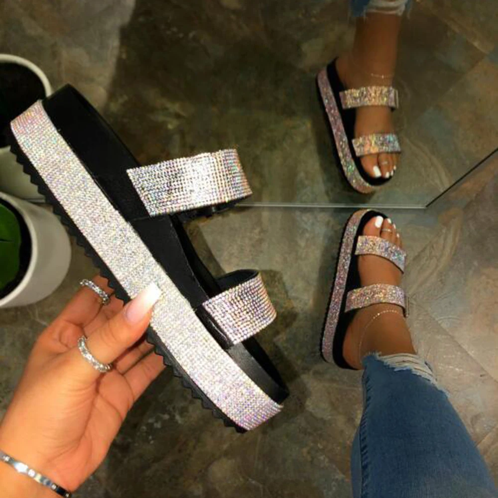 

Summer Beach Bling Bling Crystal Rome Ladies Sandals Rhinestone Platform Mixed Color Cutouts Wedges Women Sandals Shoes Woman