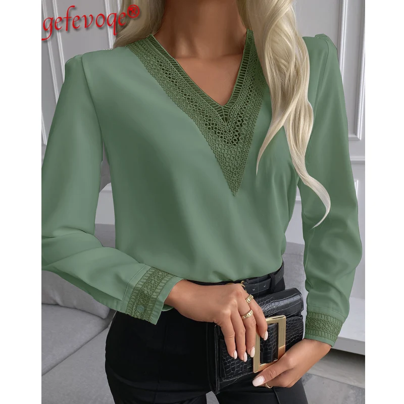 

Elegant Long Sleeve Blouse Tops Women Embroidery V-Neck Solid Office Lady Chiffon Shirt Blouses Femme Blusas Mujer De Moda 2021
