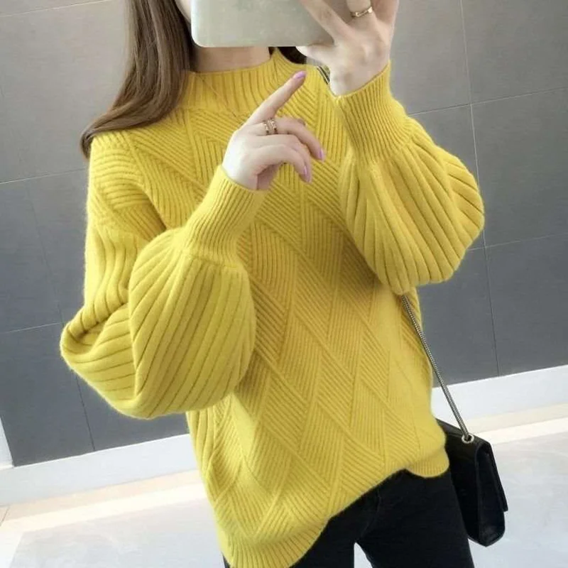 Yellow REALEFT Осень Зима теплые женские свитера с длинными рукавами и круглым вырезом Модный корейский Стиль Вязание повседневные топы новое поступление - Цвет: Yellow