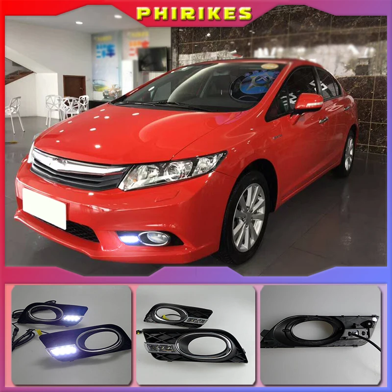 2Pcs Car-styling LED 12V DRL Car Daylight Daytime Running Lights with Turn Signal Fog Lamp Covers For Honda Civic 2011 2012 2013