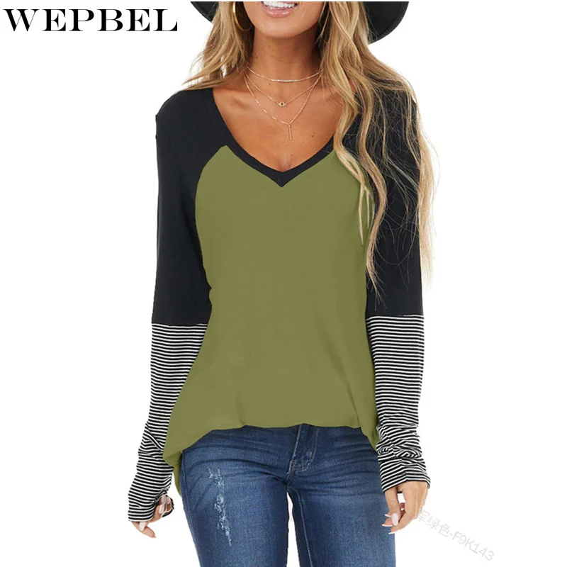 

WEPBEL Women Spring Stripe Patchwork Loose Shirt Top Ladies Casual Fashion Long Sleeve V Neck Blouse T-shirt