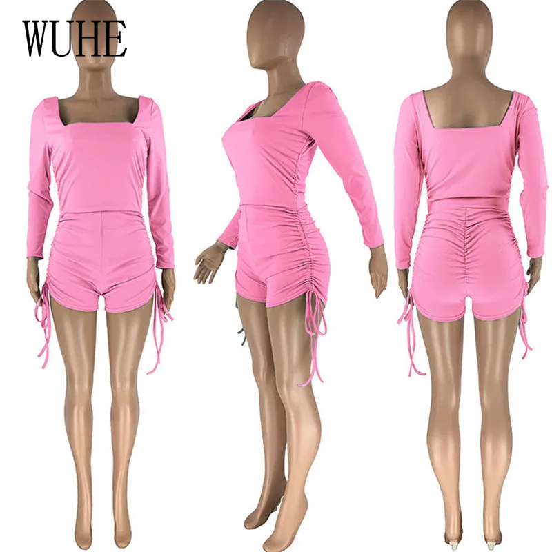 

WUHE Nightclub Playsuits Long Sleeve Square Collar Pleated Drawstring Lace Up Package Hip Backless Sexy Casual Party Overalls