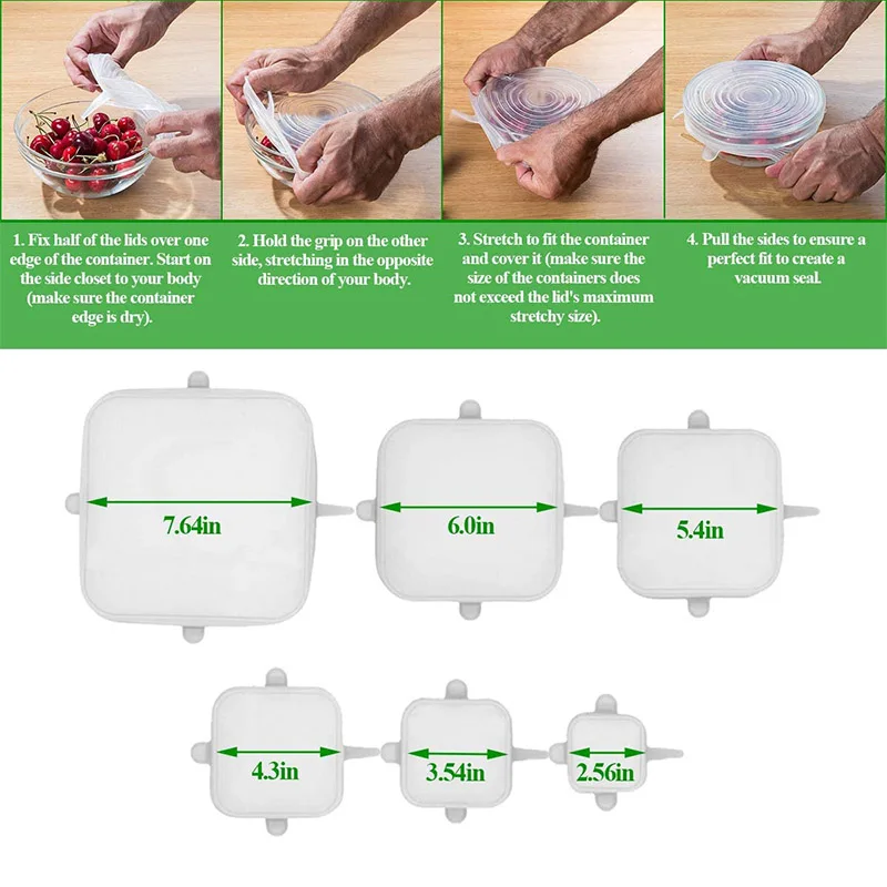 Квадратные силиконовые эластичные крышки 6 упаковок для пищевых продуктов не