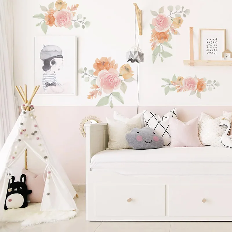 

Hand painted water color flowers wall stickers bedroom girl room home decoration living room background mural stickers wallpaper