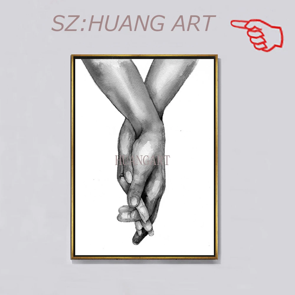 

Hand-painted figures holding hands in black love paintings on canvas decorate living room walls with art pictures without frames
