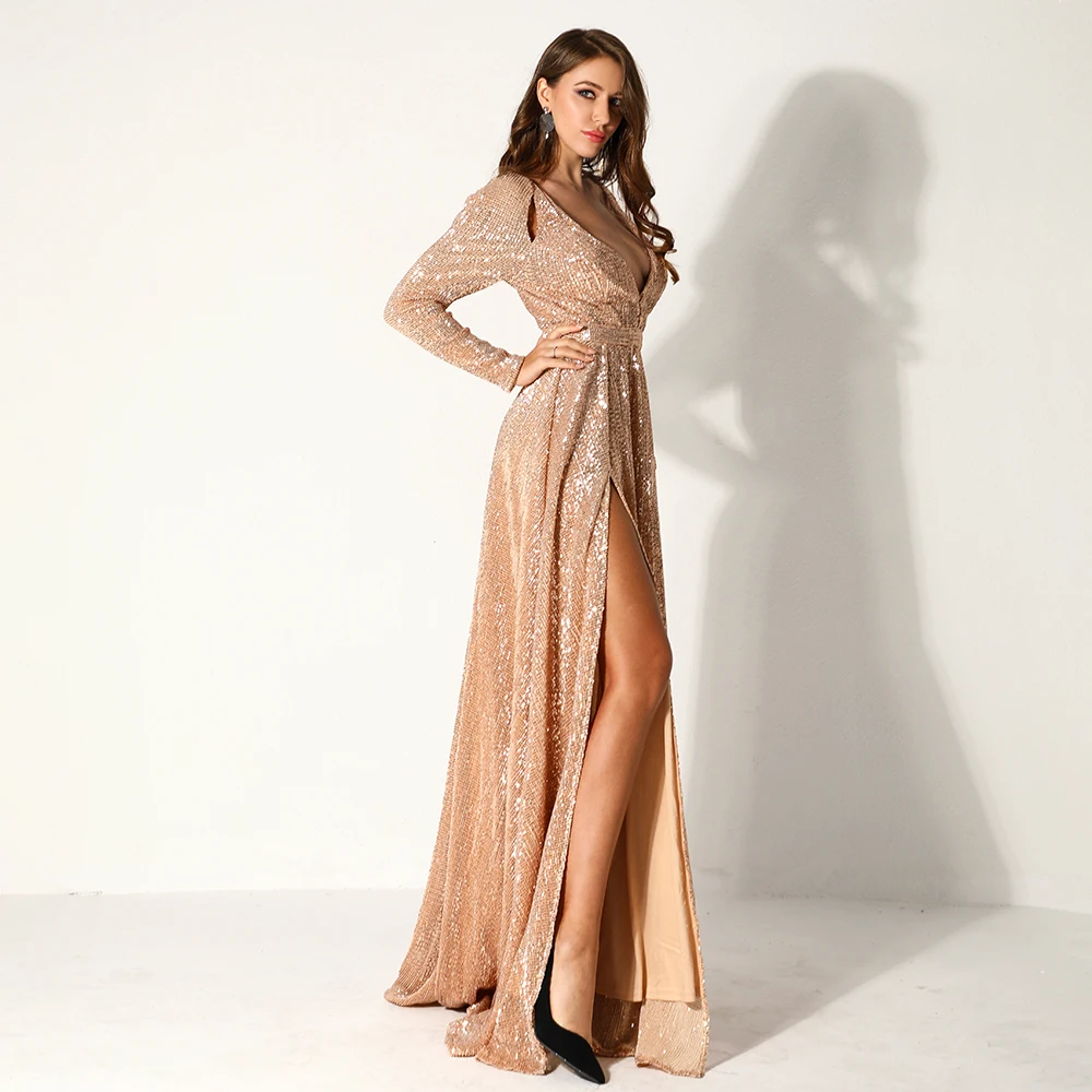 

Yesexy 2021 Women Sexy Deep V Long Sleeve Maxi Dresses High Split Autumn Elegant Female Solid Color Sequin Party Dress VR9707