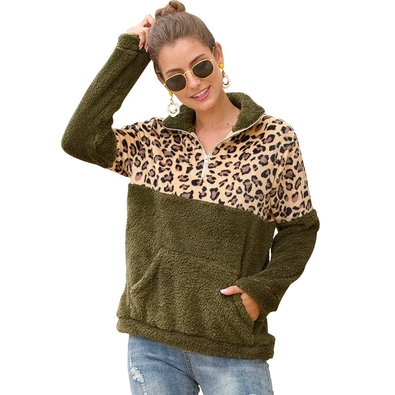 Trendy Women Warm Leopard Hoodies Streetwear Patchwork Fleece Faux Fur Coat Plus Size 2XL Ladies Tops Outwear Autumn Winter