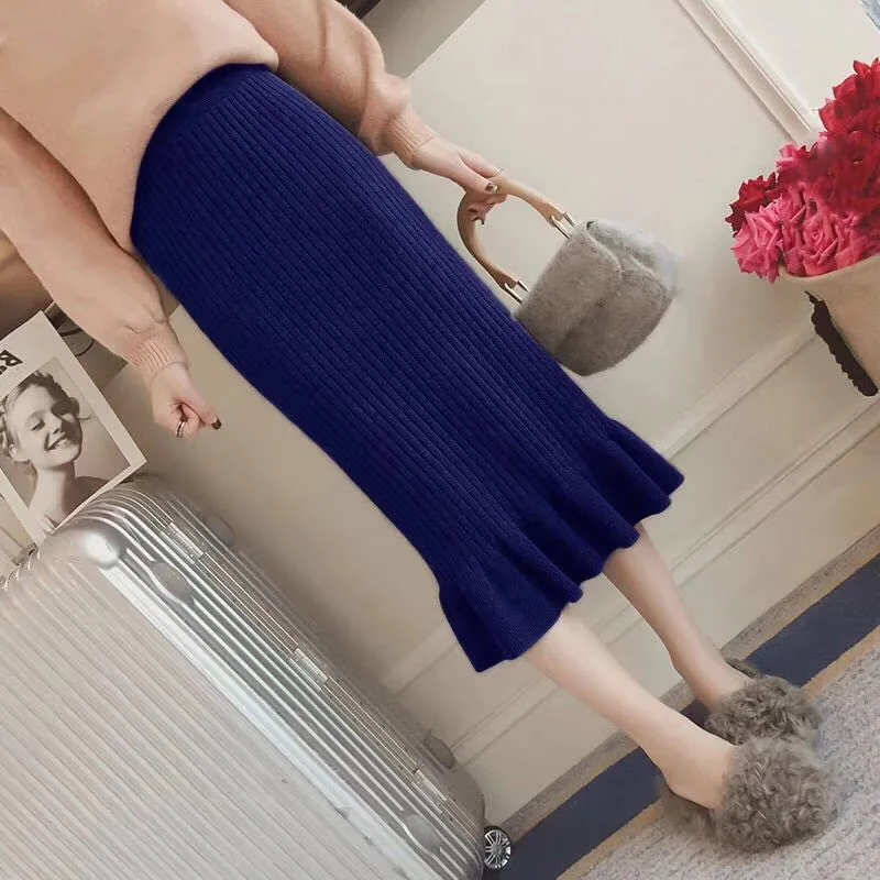 

Women Knitted Solid Color Skirts Elegant Sweater Skirt Spring Autumn Female Ruffle Midi Pleated Skirts High Waist Warm Skirt