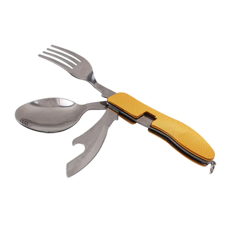 

Portable Picnic camp spoon fold Spork fork flatware tableware knife cutlery can opener 105 mmmulti tool utensil