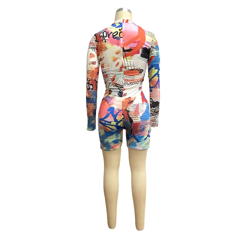 

Tie Dye Graffiti Print Long Sleeves Playsuit Autumn Women Jumpsuit Hot Style Model European & American Rompers