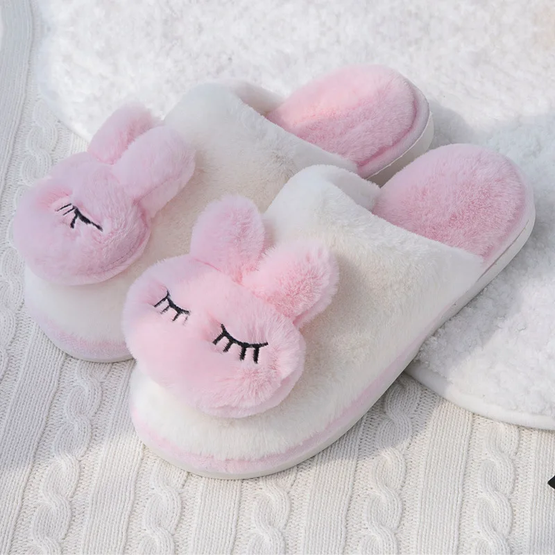 

Winter Home Cotton Slippers Warm Shoes Lovely Rabbit Non-Slip Fur Soft Sole Indoor Bedroom House Women Men Couple Female Slides