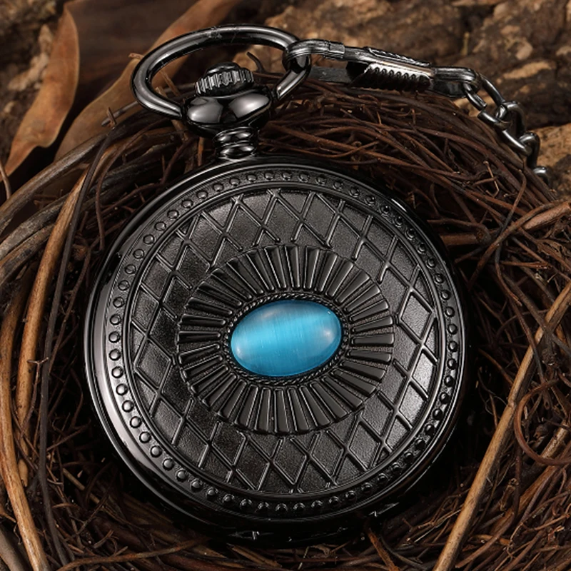 Roman Numeral Mechanical Pocket Watch Luxury Sliver Vintage Steampunk Blue Stone Diamond Skeleton Fob Chain Clock for Men Women