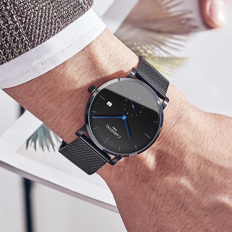 Карнавальные механические часы мужские черные автоматические из сетчатой стали