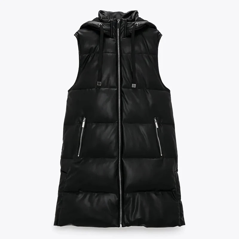 

Black Hooded Vests Women Fashion Zipper PU Leather Coats Women Elegant Long A Line Vests Female Ladies JS