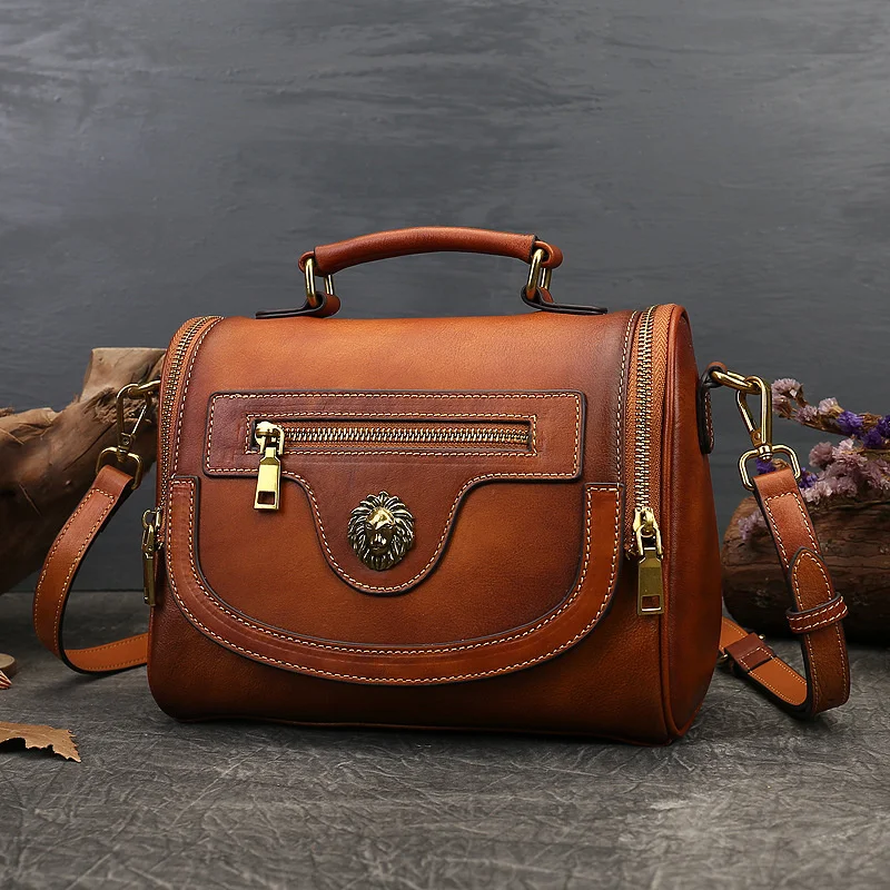 

Fashion leather women's bag top layer cowhide lion head messenger large bag live broadcast